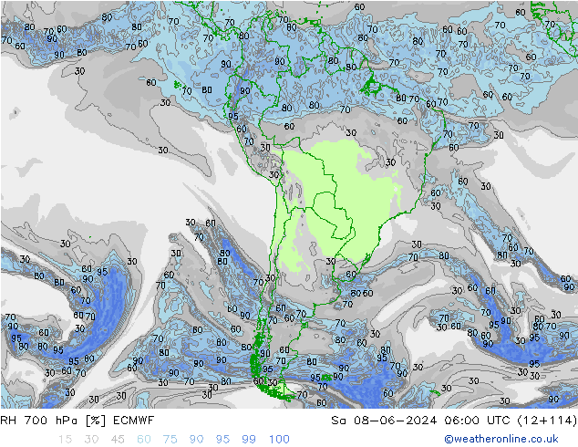 Humidité rel. 700 hPa ECMWF sam 08.06.2024 06 UTC