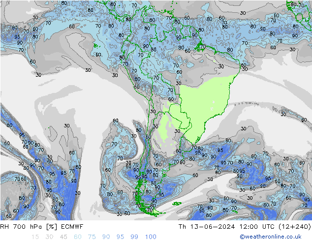 RH 700 гПа ECMWF чт 13.06.2024 12 UTC