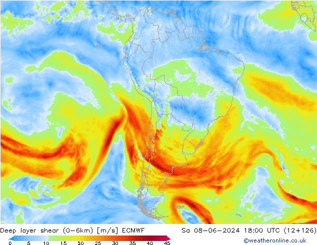 Deep layer shear (0-6km) ECMWF za 08.06.2024 18 UTC