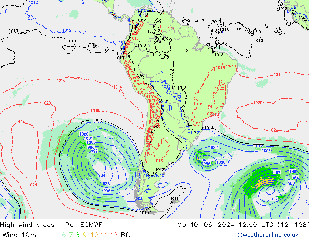 High wind areas ECMWF пн 10.06.2024 12 UTC