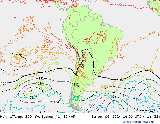 Geop./Temp. 850 hPa ECMWF dom 09.06.2024 06 UTC