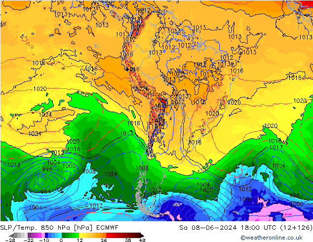 SLP/Temp. 850 гПа ECMWF сб 08.06.2024 18 UTC