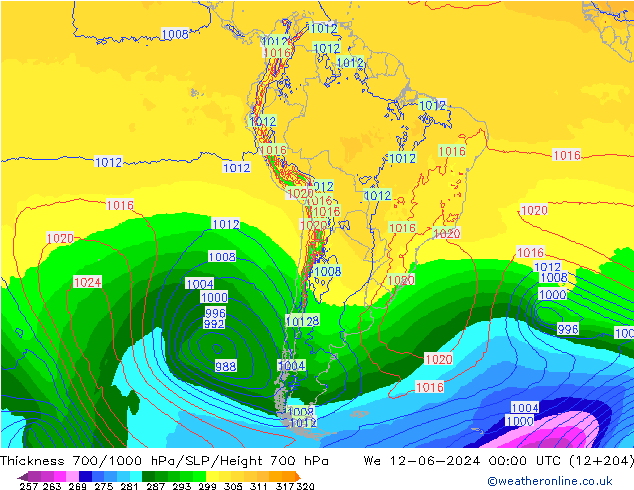 Thck 700-1000 hPa ECMWF mer 12.06.2024 00 UTC