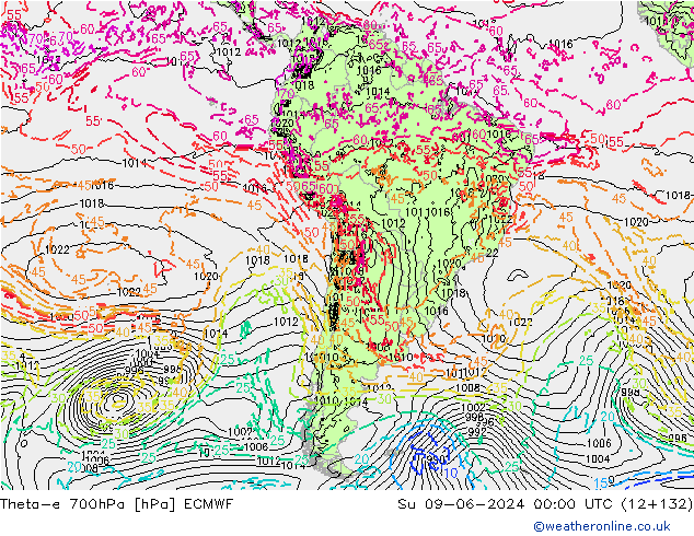 Theta-e 700hPa ECMWF Paz 09.06.2024 00 UTC