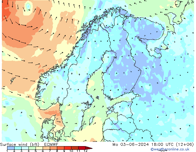 Vent 10 m (bft) ECMWF lun 03.06.2024 18 UTC