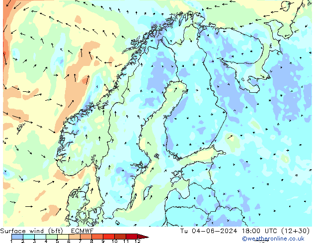 Vento 10 m (bft) ECMWF Ter 04.06.2024 18 UTC