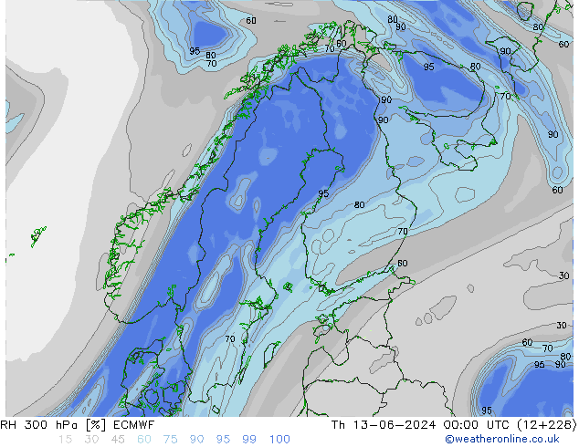 RH 300 гПа ECMWF чт 13.06.2024 00 UTC