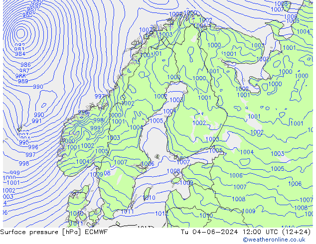 Surface pressure ECMWF Tu 04.06.2024 12 UTC