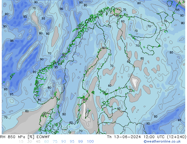 Humidité rel. 850 hPa ECMWF jeu 13.06.2024 12 UTC
