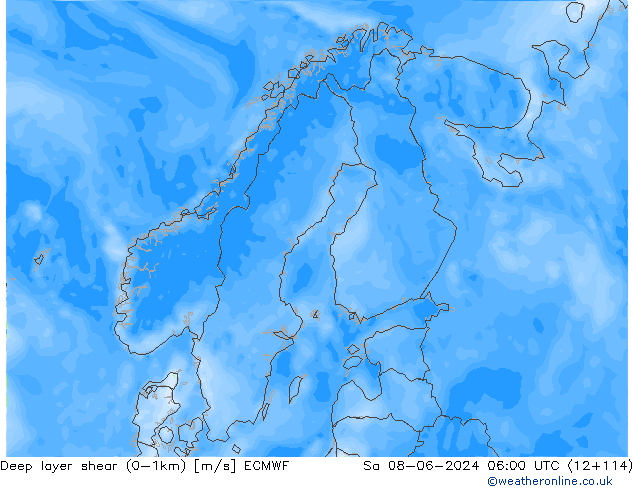 Deep layer shear (0-1km) ECMWF Sa 08.06.2024 06 UTC