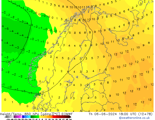 Geop./Temp. 850 hPa ECMWF jue 06.06.2024 18 UTC