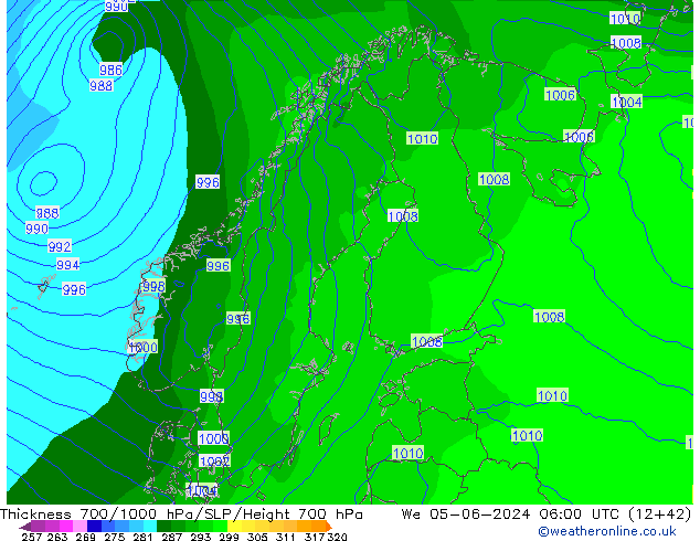 Espesor 700-1000 hPa ECMWF mié 05.06.2024 06 UTC