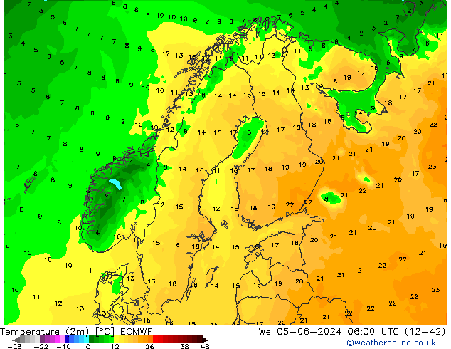 mapa temperatury (2m) ECMWF śro. 05.06.2024 06 UTC