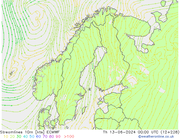 ветер 10m ECMWF чт 13.06.2024 00 UTC