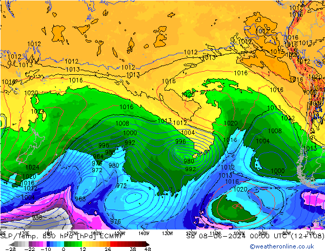 SLP/Temp. 850 hPa ECMWF za 08.06.2024 00 UTC