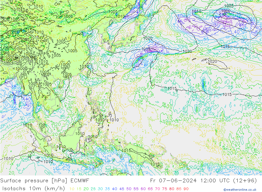 Isotachen (km/h) ECMWF vr 07.06.2024 12 UTC