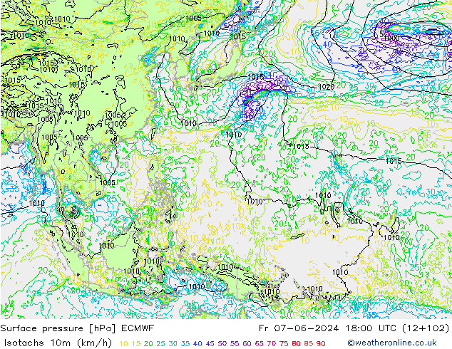 Isotachs (kph) ECMWF Fr 07.06.2024 18 UTC