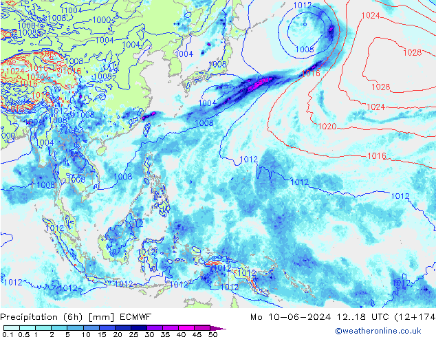Totale neerslag (6h) ECMWF ma 10.06.2024 18 UTC