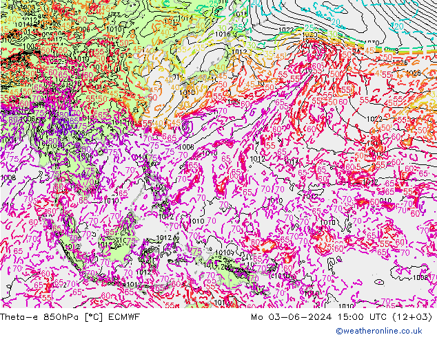 Theta-e 850hPa ECMWF Po 03.06.2024 15 UTC