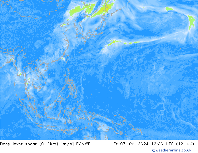 Deep layer shear (0-1km) ECMWF vr 07.06.2024 12 UTC