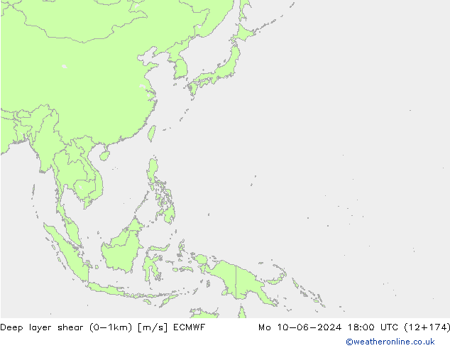 Deep layer shear (0-1km) ECMWF Po 10.06.2024 18 UTC