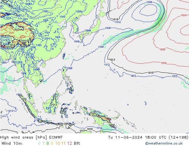 yüksek rüzgarlı alanlar ECMWF Sa 11.06.2024 18 UTC