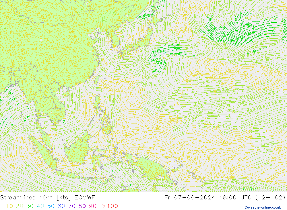 Stroomlijn 10m ECMWF vr 07.06.2024 18 UTC