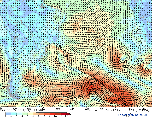 wiatr 10 m (bft) ECMWF wto. 04.06.2024 12 UTC