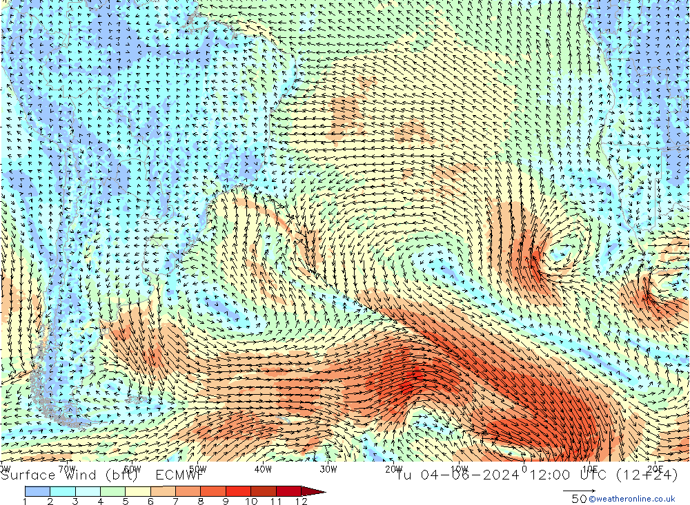 Surface wind (bft) ECMWF Tu 04.06.2024 12 UTC