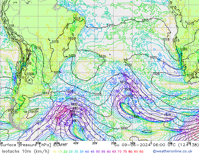 Isotachs (kph) ECMWF Su 09.06.2024 06 UTC