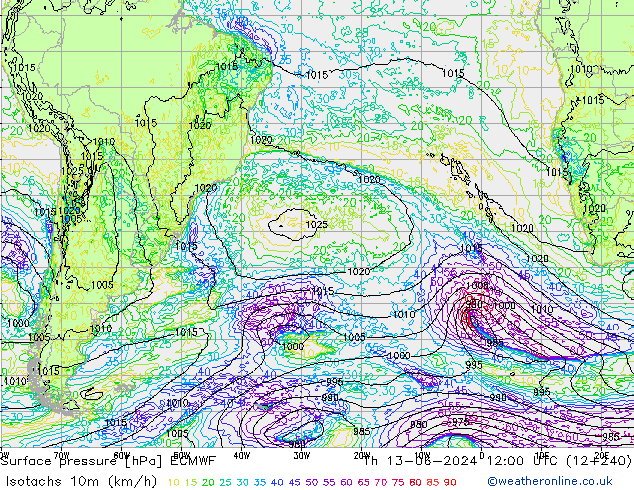 Isotachs (kph) ECMWF gio 13.06.2024 12 UTC