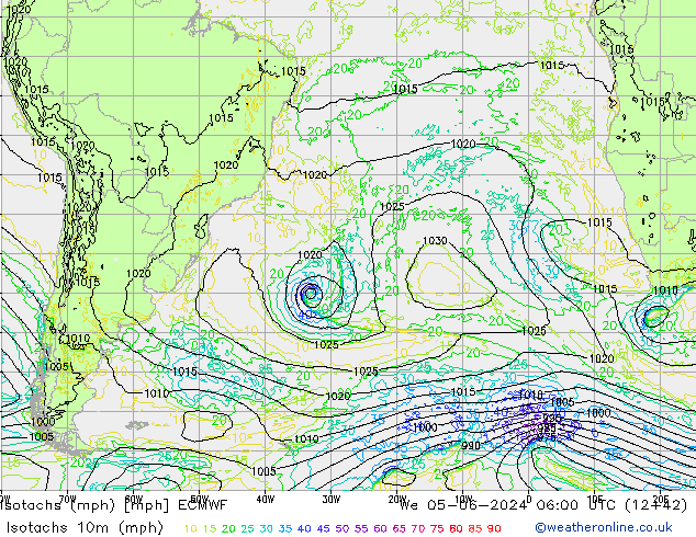 Isotachs (mph) ECMWF mer 05.06.2024 06 UTC