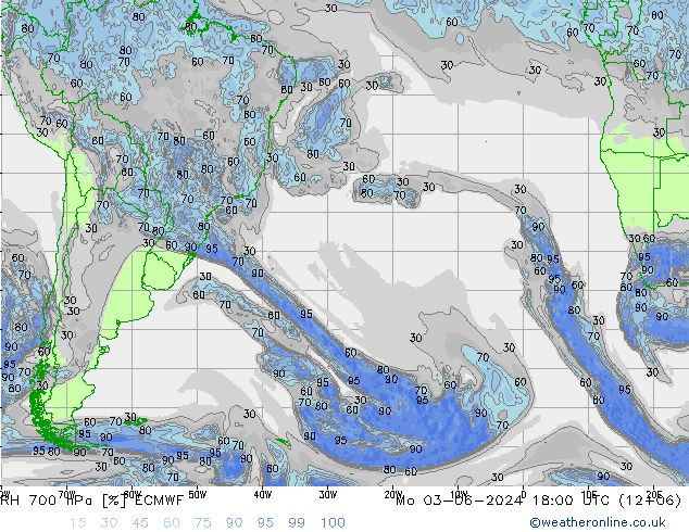 RH 700 hPa ECMWF pon. 03.06.2024 18 UTC