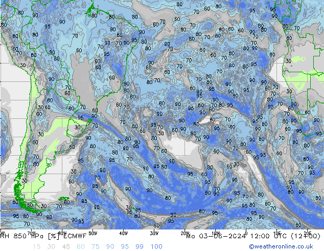 Humedad rel. 850hPa ECMWF lun 03.06.2024 12 UTC