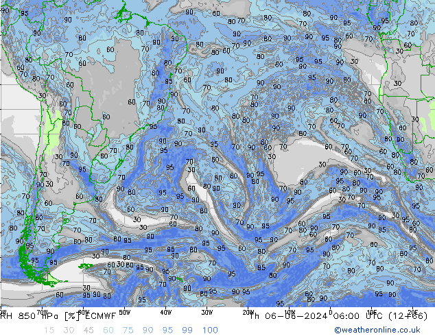 RH 850 hPa ECMWF Čt 06.06.2024 06 UTC