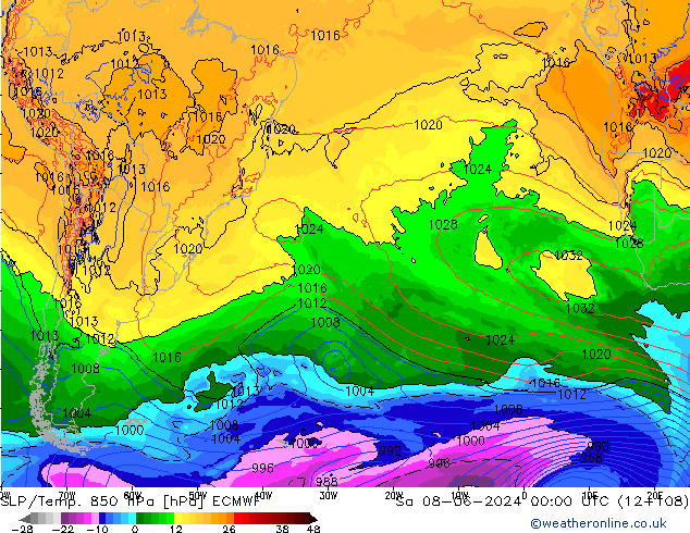 SLP/Temp. 850 hPa ECMWF Sa 08.06.2024 00 UTC