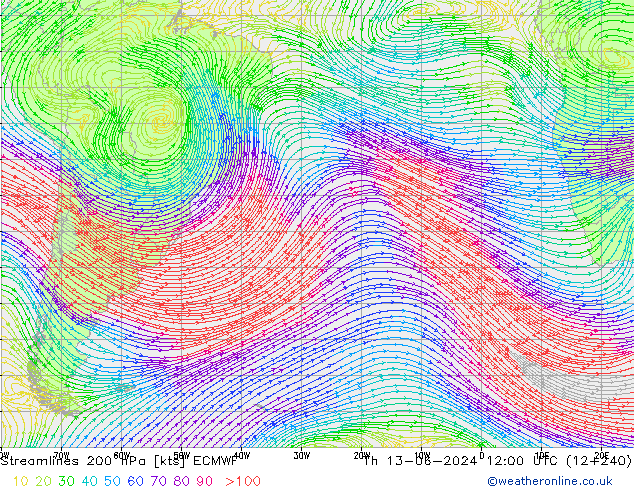 Ligne de courant 200 hPa ECMWF jeu 13.06.2024 12 UTC