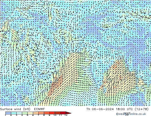 Surface wind (bft) ECMWF Th 06.06.2024 18 UTC