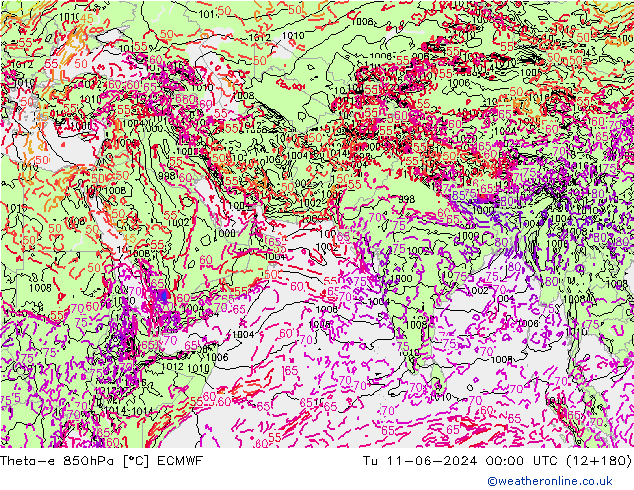 Theta-e 850hPa ECMWF Tu 11.06.2024 00 UTC