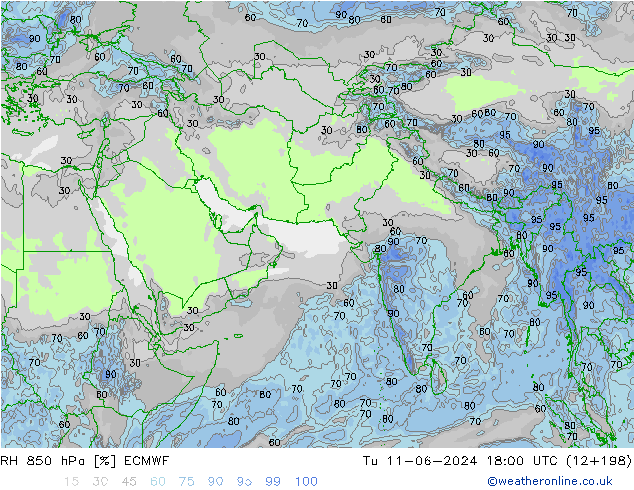 RH 850 hPa ECMWF wto. 11.06.2024 18 UTC