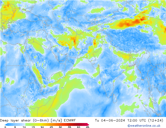 Deep layer shear (0-6km) ECMWF вт 04.06.2024 12 UTC