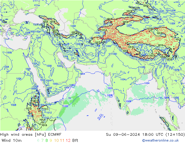 High wind areas ECMWF dom 09.06.2024 18 UTC