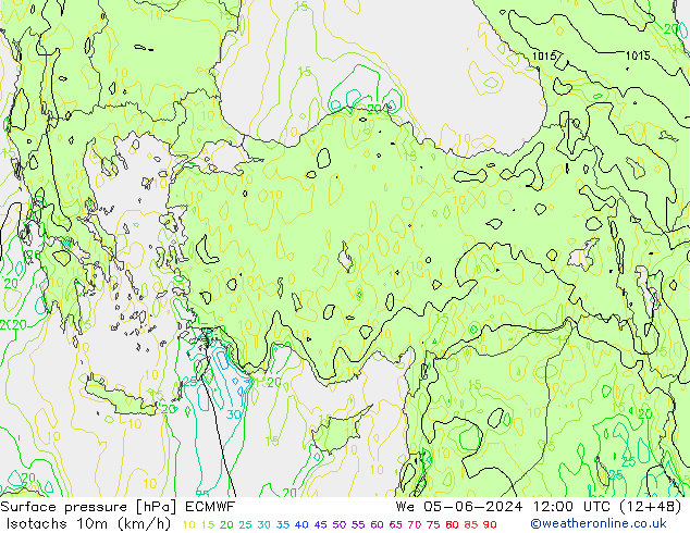 Isotachs (kph) ECMWF Qua 05.06.2024 12 UTC