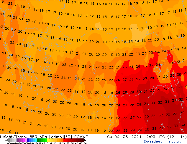 Height/Temp. 850 hPa ECMWF nie. 09.06.2024 12 UTC