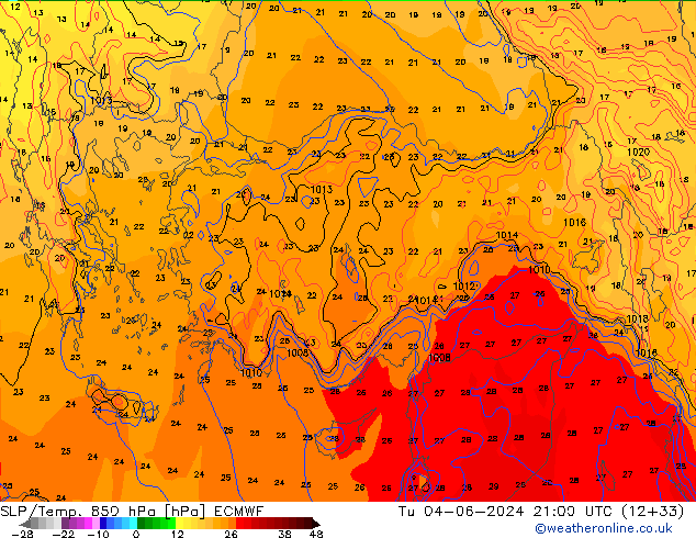 SLP/Temp. 850 hPa ECMWF Tu 04.06.2024 21 UTC