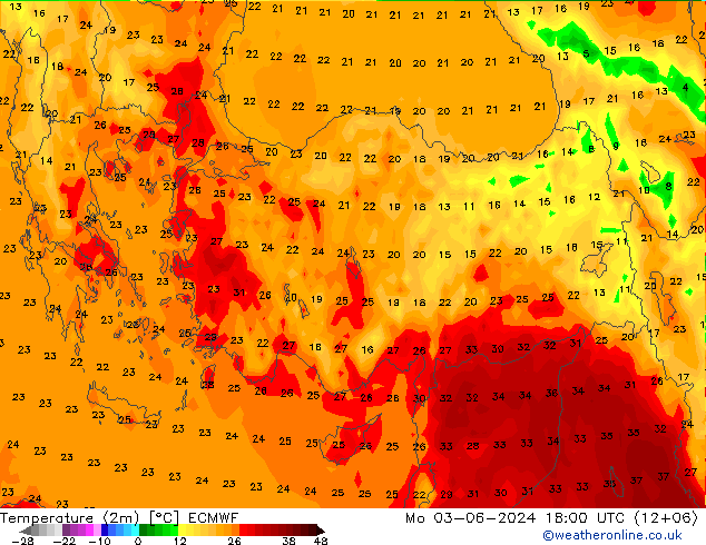 Temperaturkarte (2m) ECMWF Mo 03.06.2024 18 UTC