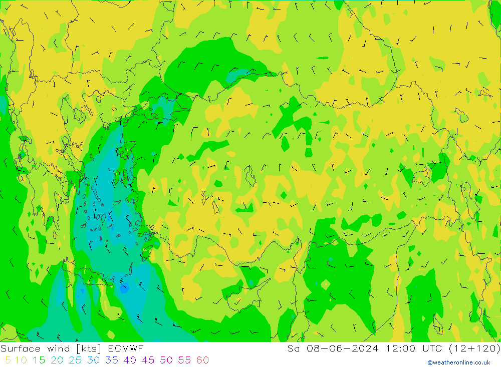 wiatr 10 m ECMWF so. 08.06.2024 12 UTC