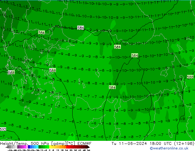 Z500/Rain (+SLP)/Z850 ECMWF Tu 11.06.2024 18 UTC