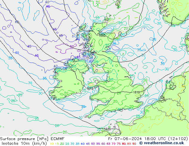 Isotachs (kph) ECMWF Fr 07.06.2024 18 UTC