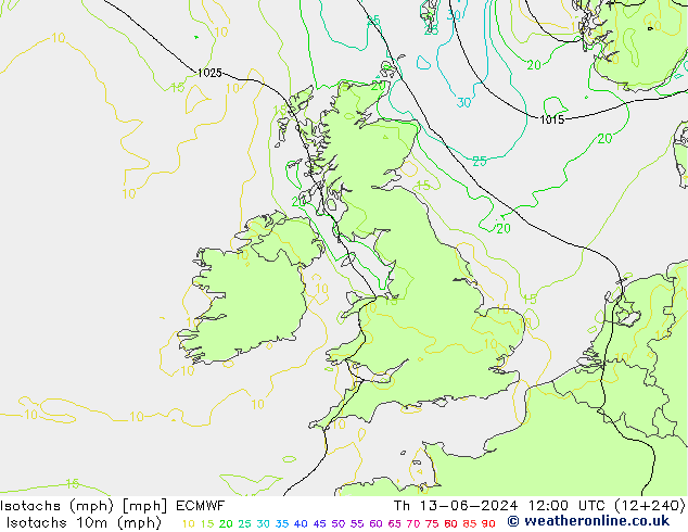 Isotachs (mph) ECMWF Th 13.06.2024 12 UTC